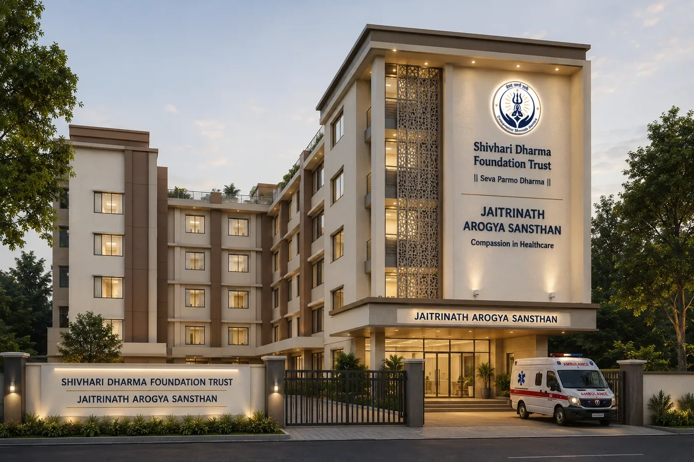 Architect's concept render of the envisioned G+4 Jaitrinath Arogya Sansthan campus